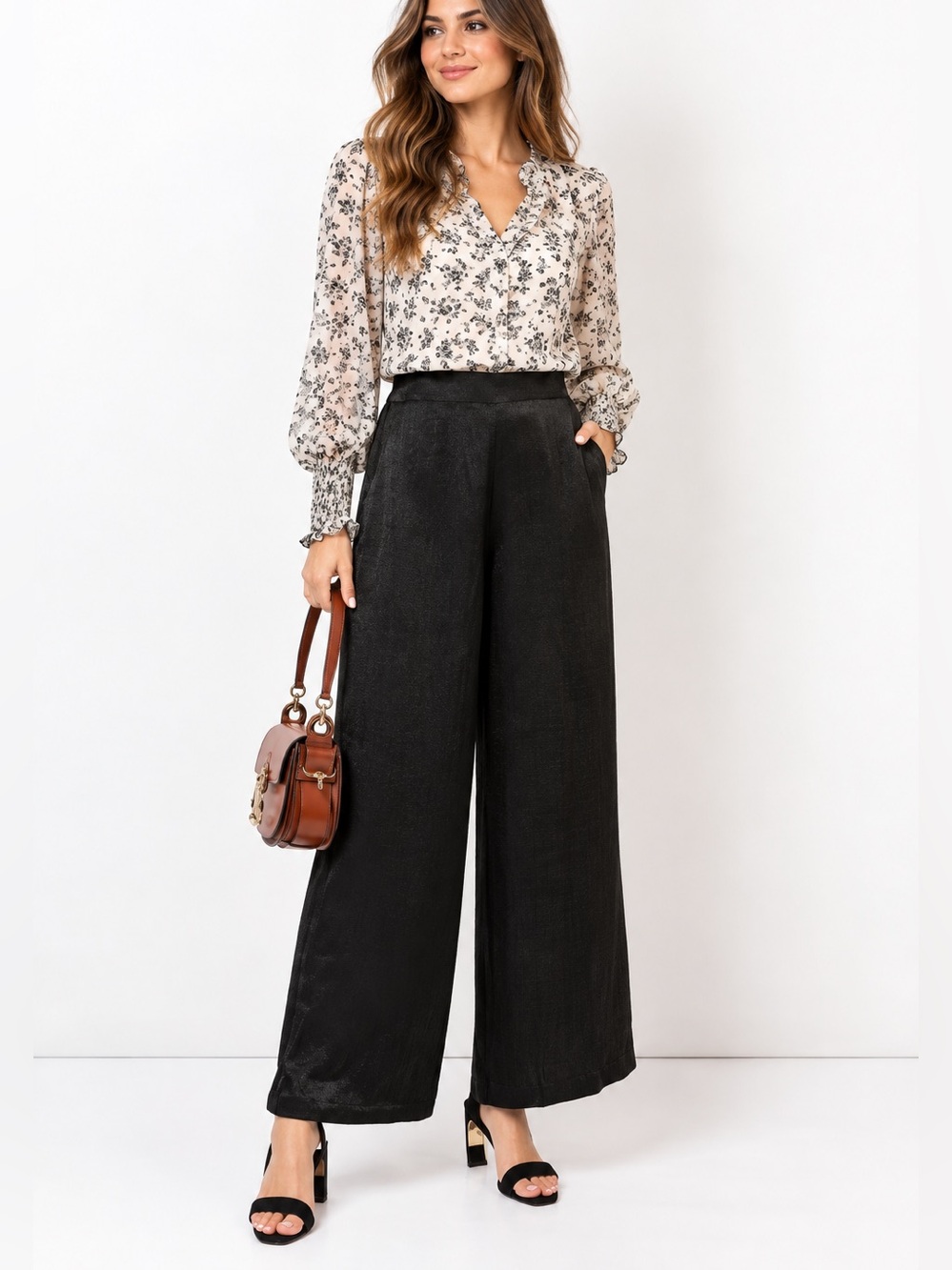 MISA Black Satin High Rise Wide Leg Enzo Pants Pockets XS